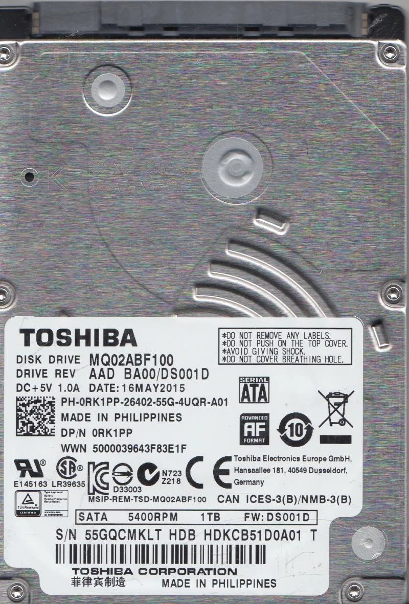 MQ02ABF100, BA00/DS001D, HDKCB51D0A01 T, Toshiba 1TB SATA 2.5 Hard Drive