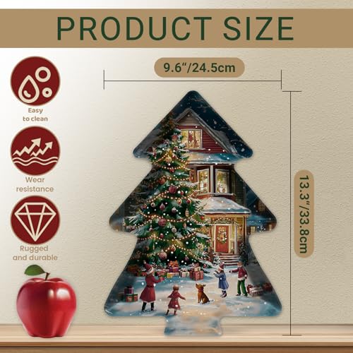4-Piece Christmas Tree Serving Tray Set, 13 x 10 Inch Melamine Platters with Colorful Snow Play, Ice Skating & Holiday Scenes, Dishwasher Safe Festive Plates for Christmas Table Decor