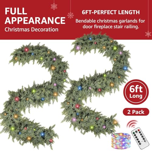 Cedar Christmas Garland with Lights for Mantle - Decorations 9ft Realistic Lighted Faux Pine Garlands for Xmas Home Decoration Indoor Stairs Railing Fireplace Outdoor 9 ft Prelit Garland Door Decor