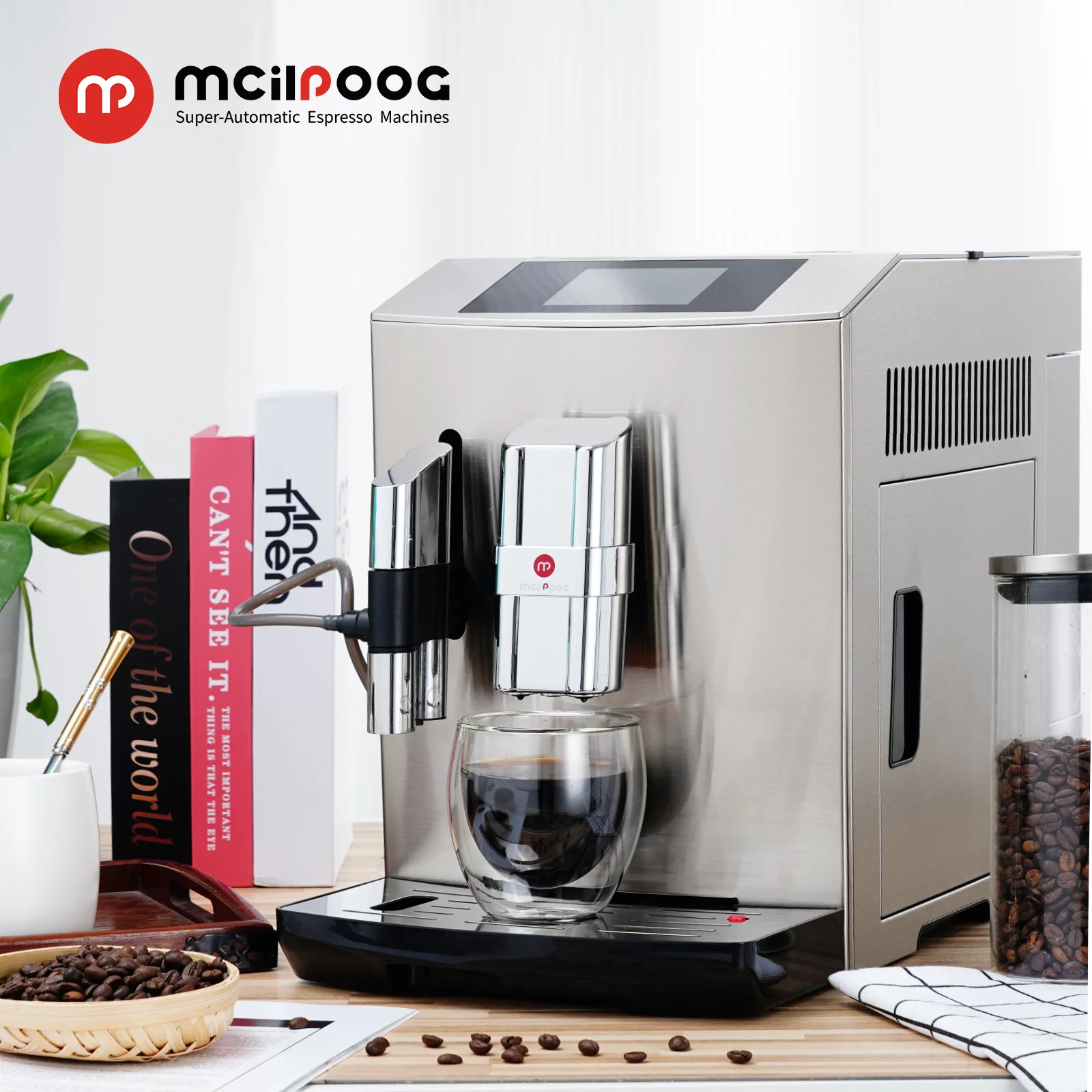 Mcilpoog 2022New Fully Automatic Coffee Machine, Silver Full Metal, Super Automatic Espresso Machine with Milk can, WS-S7 can make Americano, Latte, Cappuccino, Hot Water