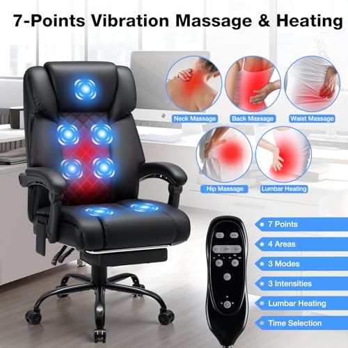 HOFFREE Massage Office Chair with Heat 7 Points Vibration Ergonomic Executive Office Chair with Footrest Reclining Home Office Desk Chairs High Back Black