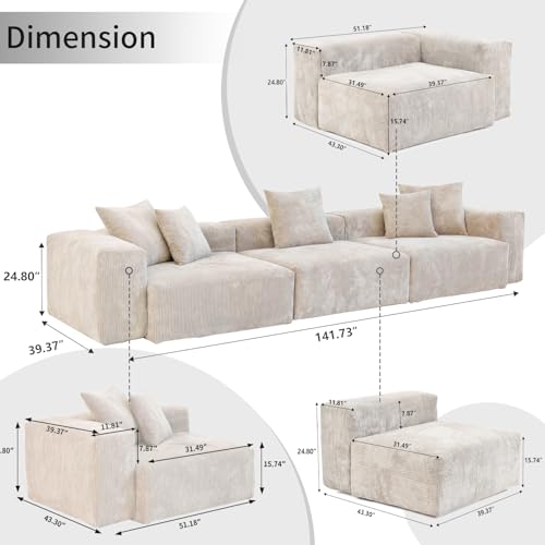 Modular Sectional Sofa Couch,141.73inch Oversized 3 Seater Sofa,Upholstered with Corduroy Fabric Couches with 5 Pillows,Cushion Covers Removable& Washable