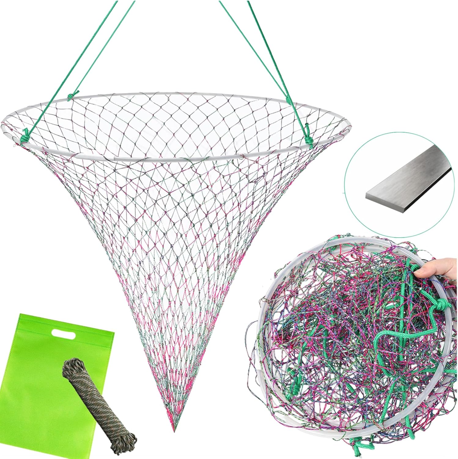 32in x 37in Folded Bridge and Pier Fishing Net, More Coarse Soft Steel Hoop, Colourful Dual-Line Construction，Heavy-Duty Fishing Cast polyethylene Fiber line Mesh Net, Drop Net/Rope/Storage Bag