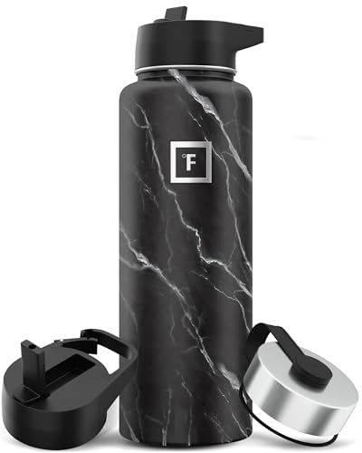 IRON °FLASK Camping & Hiking Hydration Flask with 3 Lids - Stainless Steel, Double Walled & Vacuum Insulated Water Bottle - Leak Proof & BPA Free (Midnight Black, Straw - 40 oz)