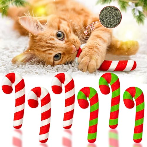 MALLMALL6 3Pcs Christmas Candy Cane Catnip Toys Gift for Cat, Indoor Cat Chew Bite Kick Catmint Pet Toys Supplies for Cat Lover Xmas Gifts, Cute Interactive Cat Toy for Pet Presents (Tricolor)