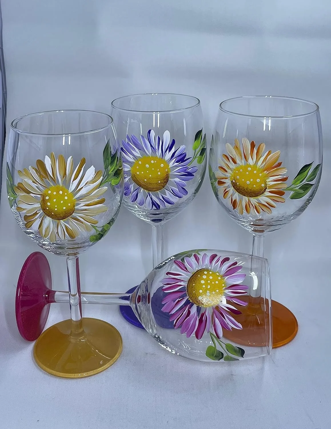 Spring Flower Wine Glasses In Your Choice Of Four Colors Hand Painted Flower Wine Glasses (Yellow, Stemless 15 Oz Glass)