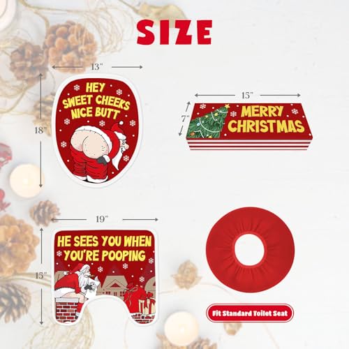 Santa Christmas Bathroom Decorations, Set of 4 Toilet Seat Cover Sets with Toilet Lid Cover Toilet Seat Cover Rug Tank Cover, Funny Xmas Indoor Home Bathroom Decor, White Elephant Gifts for Women Men