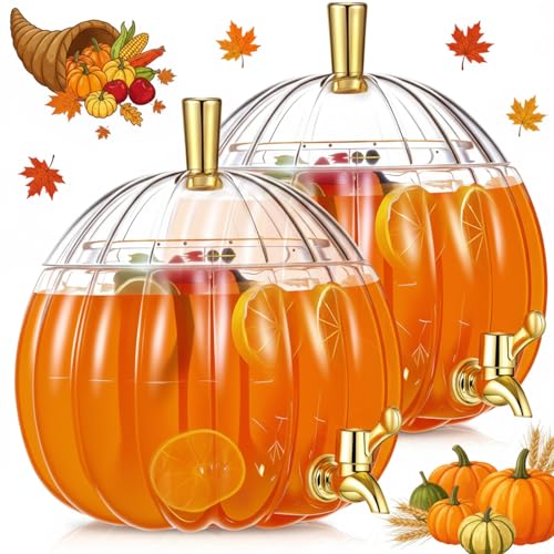 2 Pack 1.3 Gallon Pumpkin Drink Dispensers for Fall Thanksgiving Party Supplies Plastic Beverage Juice Dispenser with Spigot for Autumn Halloween Kitchen Decoration Favor