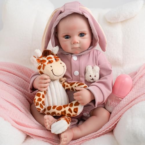 Jirachi Realistic Reborn Baby Dolls, Sleeping Baby Pink Girl Real Life Soft Cloth Body, 18 Inch Lifelike Reborn Baby with Feeding Accessories for Kids
