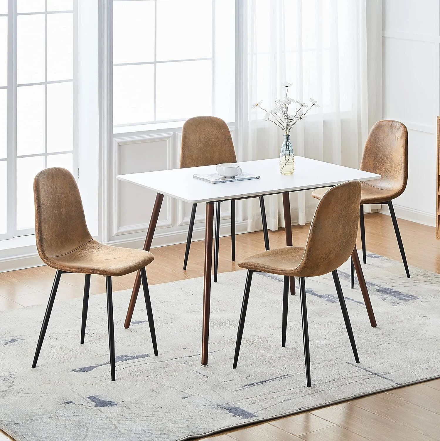 Modern Century Suede Upholstered Kitchen Dining Chair Set Of 4, Armless Leisure Accent Chair With Black Metal Legs Space Saving For Dining Kitchen Living Room, Rustic Brown, 4PCS