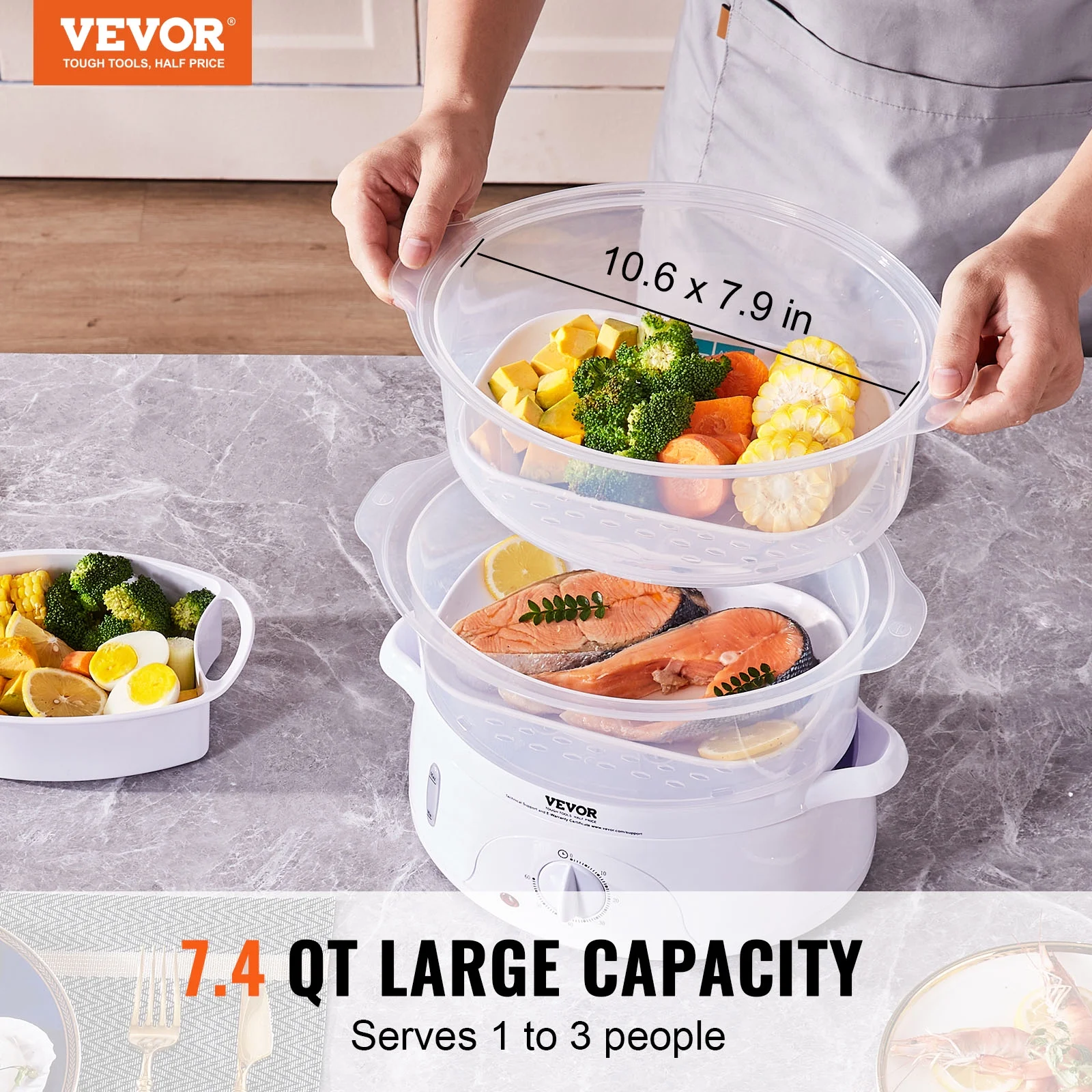 BENTISM 7.4Qt Electric Food Streamer 2-Tier Vegetable Steamer & 60 Min Timer 800W