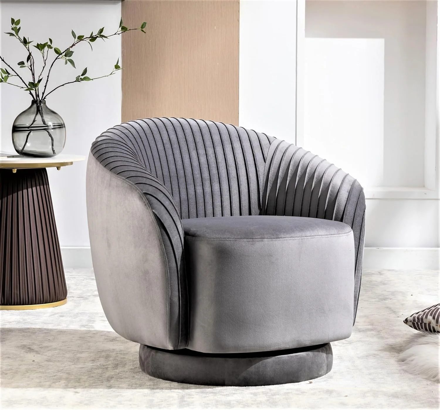 Container Furniture Direct Modern Barrel Swivel Chair with Plush Velvet Upholstery and Smooth 360° Rotation, Round Accent One-Seater Sofa for Living Room, Bedroom and Office