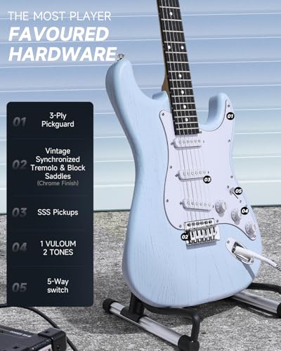 DONNER DST-80 Electric Guitar 39” Beginner Electric Guitar Kit with Amp, Classic SSS Pickup Complete with Gig Bag, Tuner, Capo, Strap, Picks, and Free Online Lessons