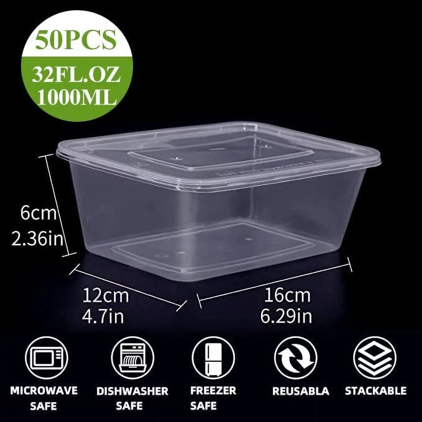 Ganfaner 32oz 50 sets Clear Plastic Food Storage Containers w/ Lid, Portion Control Disposable Meal Prep Container Box To Go, Microwave Freezer Safe, BPA Free