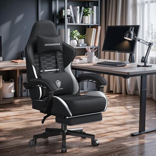 Dowinx Gaming Chair Fabric with Pocket Spring Cushion, Massage Game Chair Cloth with Headrest, Ergonomic Computer Chair with Footrest 290LBS, Black Green