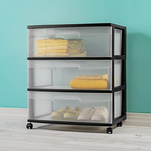 Plastic Storage Drawer Cart, Medium Home Organization Storage Container with 3 Large Clear Drawers With Wheels (Black), 3SDC-01