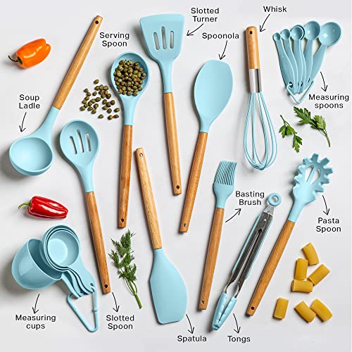 Blue Silicone Kitchen Utensils Set Dishwasher Safe Starters for Apartment, 20pcs Silicone Cooking Utensils Set Nonstick cookware Accessories, Basic Heat Resistant Utensil Sets Cooking Kitchen Tools