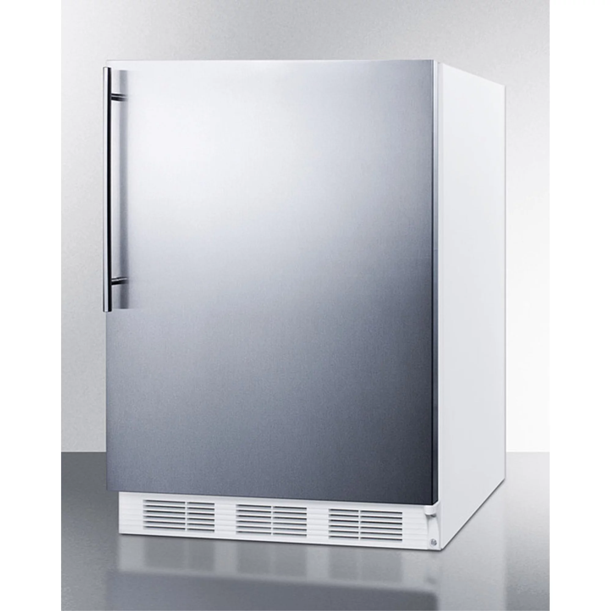 Built-in undercounter refrigerator-freezer for residential use, cycle defrost w/deluxe interior, stainless steel wrapped door, thin handle, and white cabinet