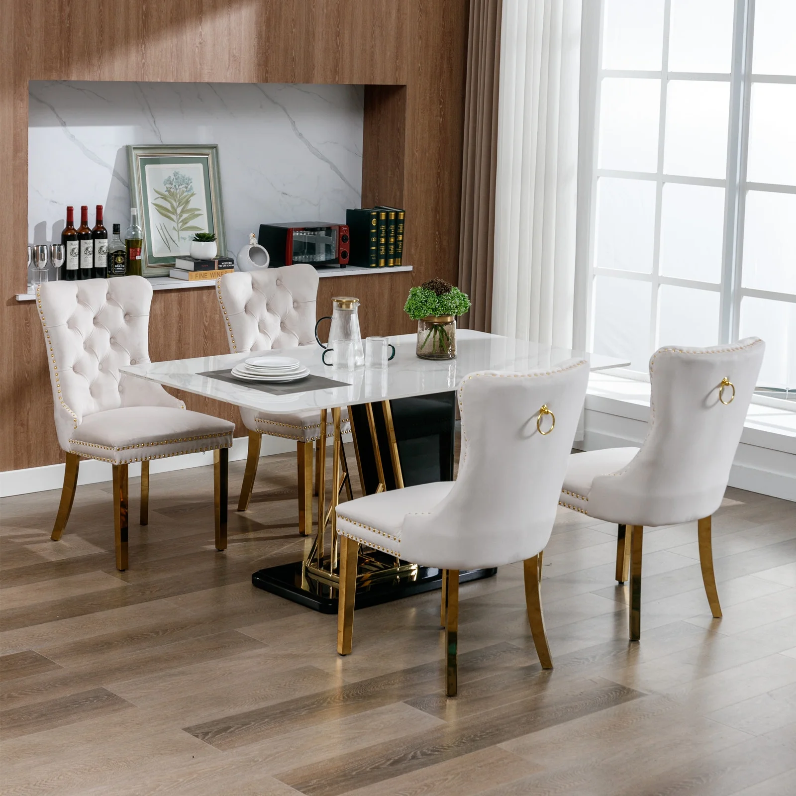 Glavbiku Modern High End Velvet Dining Chair Set of 2,Dining Room Rivets Chairs with Gold Legs,Beige