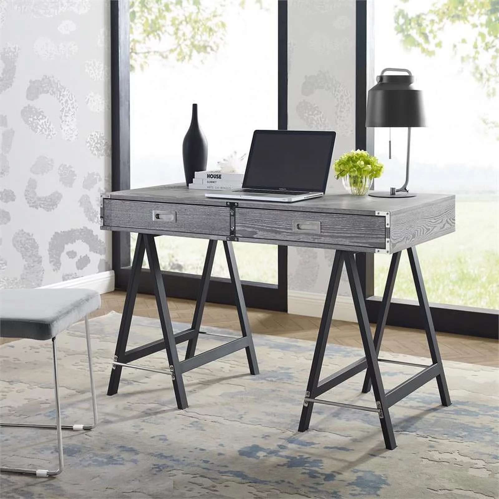 Posh Living Alleyne 2-Drawers Rectangle Wood Writing Desk in Gray