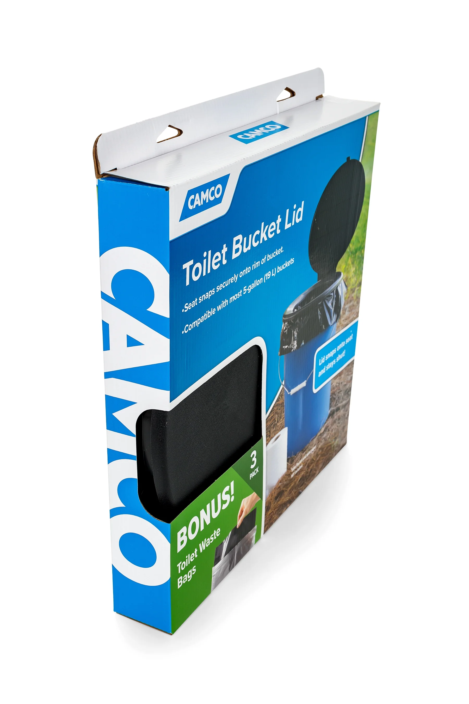 Camco Bucket Toilet Seat with Lid with Leak Proof Waste Bags for 5-Gallon Buckets, Toilet Lid Measures 2 x 13 x 14.5 inches, Black (41546)