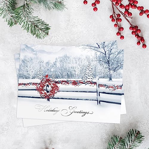 Masterpiece Holiday Greetings Trimmed In Scarlet Christmas Cards / 16 Boxed Snowy Cardinal Wreath Holiday Cards With Silver Foil Lined Envelopes / 5 5/8
