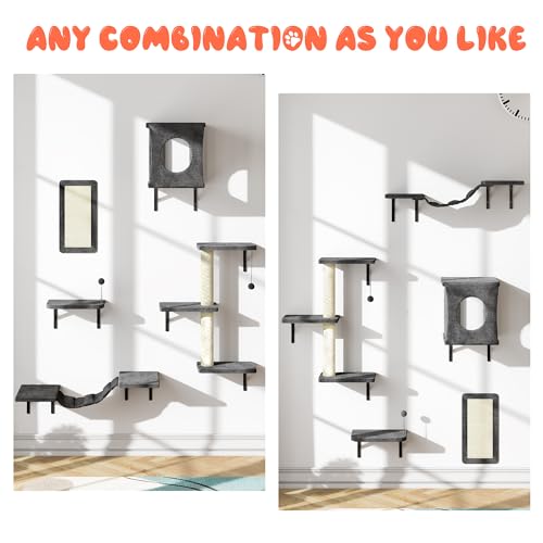 NUNU LAB Cat Wall Shelves, 6 Pcs Luxury Wall-Mounted Cat Climber Set, Indoor Cat Furniture with 1 Condos House, 2 Cat Wall Shelves, 1 Scratching, 1 Bridge Ladder, 1 Scratching Pad, White
