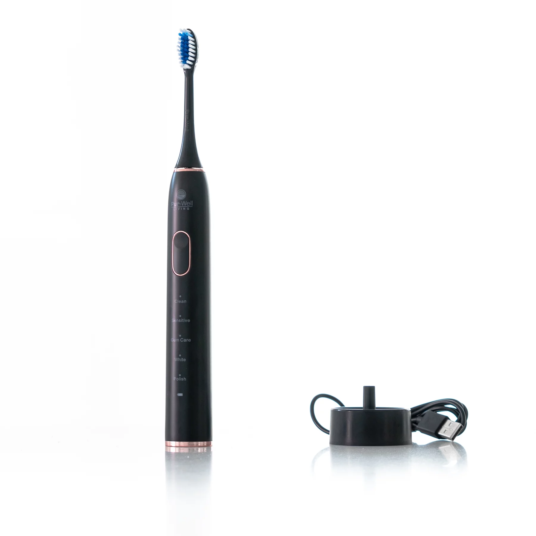 Pur-Well Living Pur-Hydro Clean Dupont Brush Heads Electric USB Charging Toothbrush Waterproof Electric Toothbrush (Black (Diamond Edition))