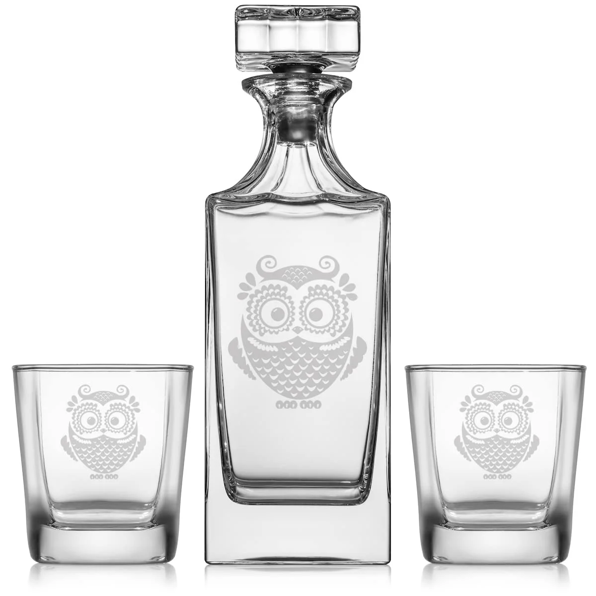 Whiskey Decanter Gift Set With 2 Whiskey Old Fashioned Rocks Glasses Owl Vintage