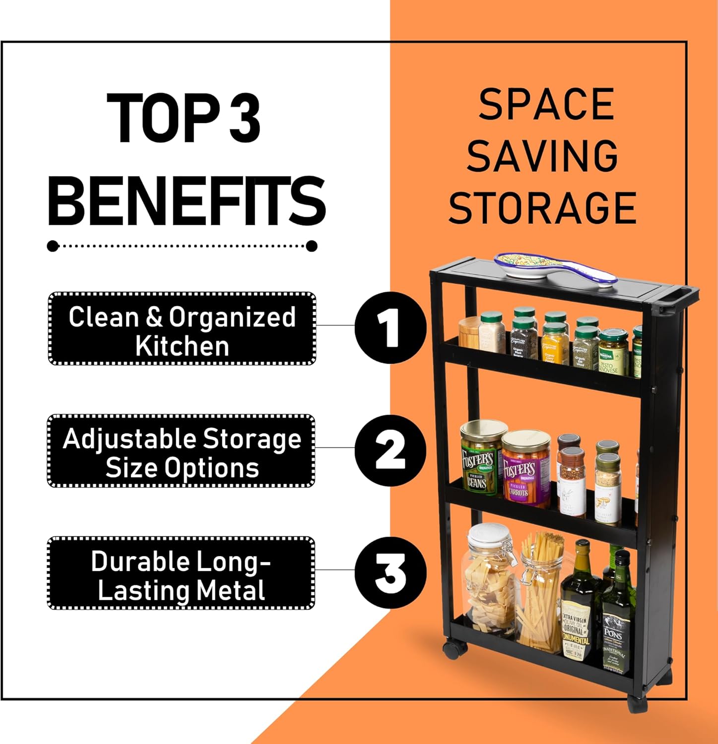 Slim Rolling Storage Cart with Wheels & Adjustable Shelving - Durable Metal Space-Saving 4 Tier Rolling Cart Ideal for Kitchen - Narrow Bar Cart, Spice Rack, Utility Cart, Coffee Cart Kitchen BLACK