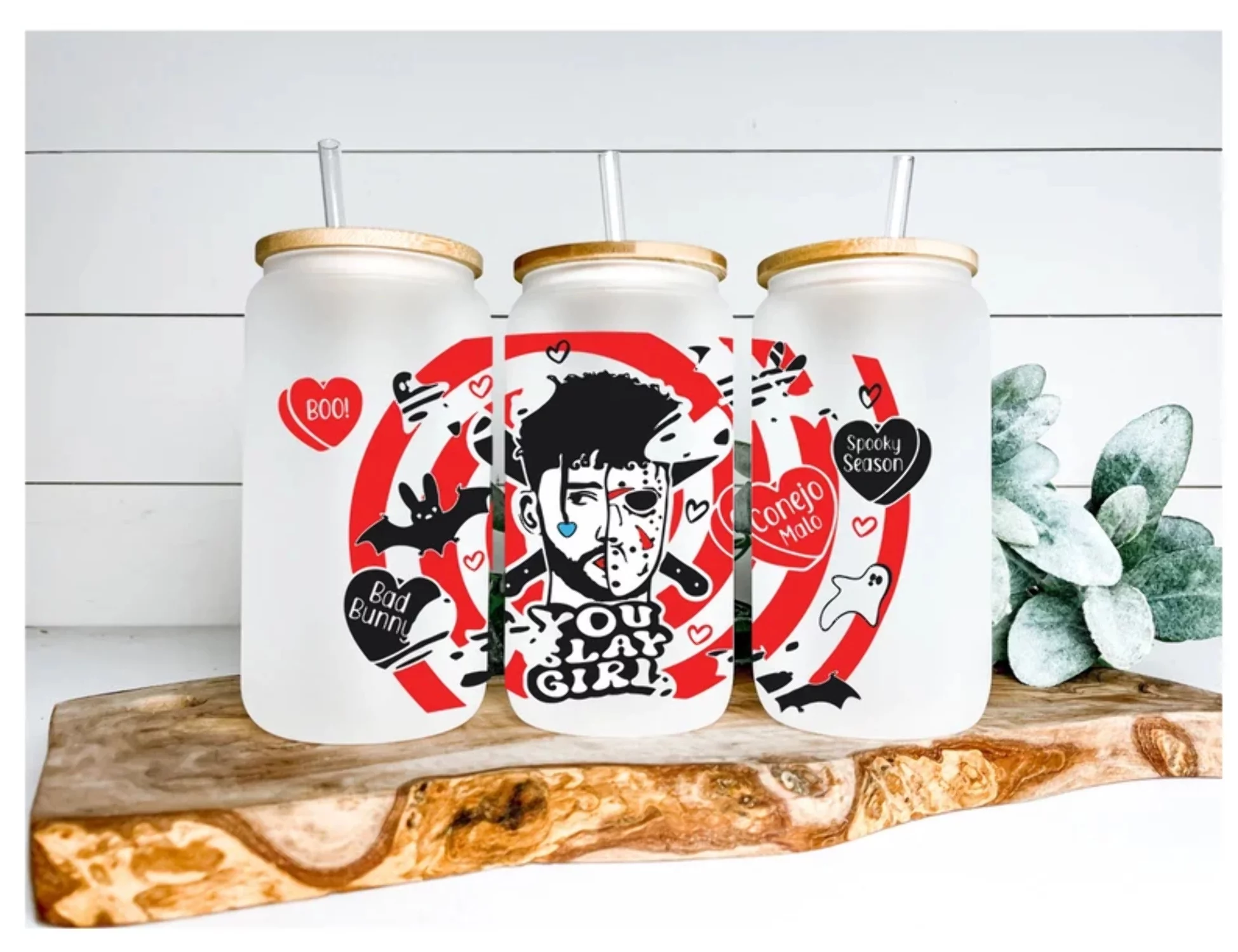 Bad Bunny Halloween Themed Iced Coffee Cup Glass - Trendy Glass Jar