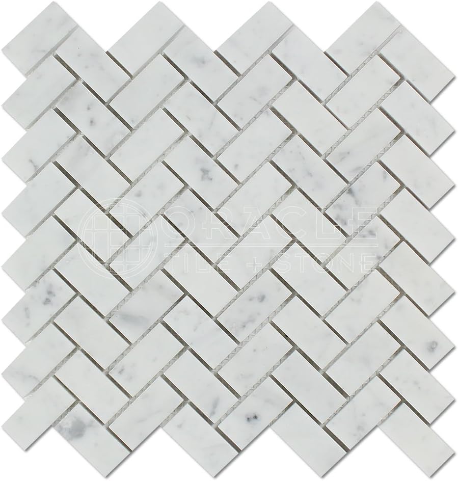 Carrara White Italian (Bianco Carrara) Marble 1 X 2 Herringbone Mosaic Tile, Honed
