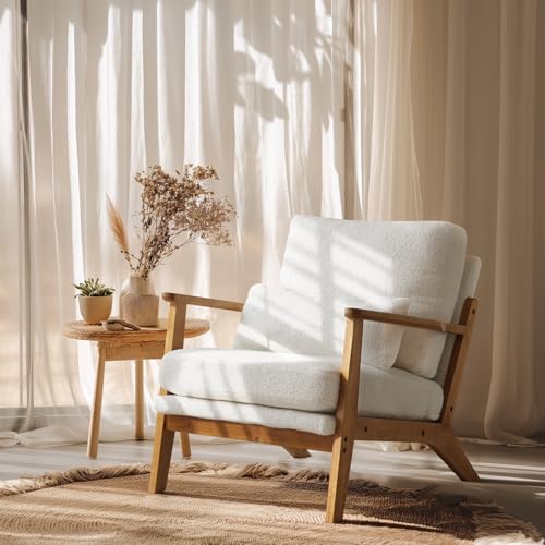 VINGLI Solid Wood Wide Armrests Accent Chair,Upholstered Mid Century Modern Chair with Pillow,Comfy Reading Chair Farmhouse Arm Chair,Chairs Living Room,Bedroom,Guest Room,Linen Fabric,Beige