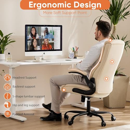 Sweetcrispy Ergonomic Computer Gaming Office Chair, Heavy Duty Task Desk Swivel Rolling Chairs with Wheels, Flip-up Arms, Adjustable Height, PU Leather, Black