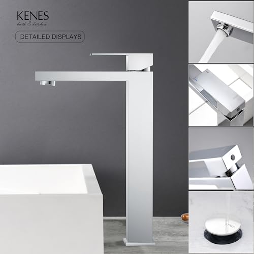 KENES Brushed Nickel Vessel Sink Facuet Single Handle Tall Bathroom Sink Faucet Vanity Bathroom Faucet Basin Mixer Tap with Water Supply Hose and Pop Up Sink Drain, LJ-9031A