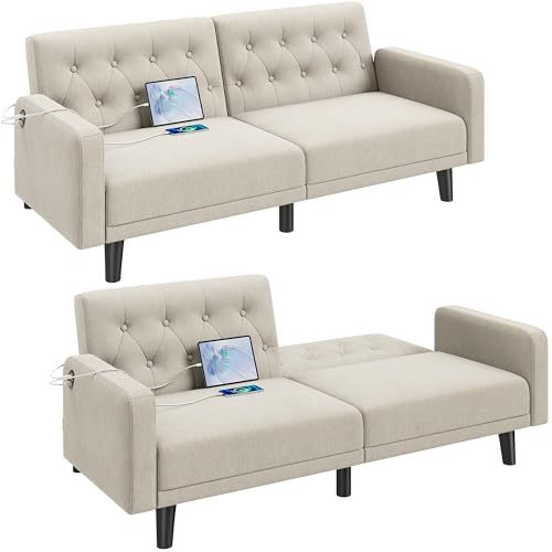 Yaheetech 63” Convertible Couch Sofa Bed with 2 USB, Reclining Futon Sleeper with Adjustable Backrest & Removable Armrests, Mid Century Modern Loveseat for Living Room, Apartment, Office Beige