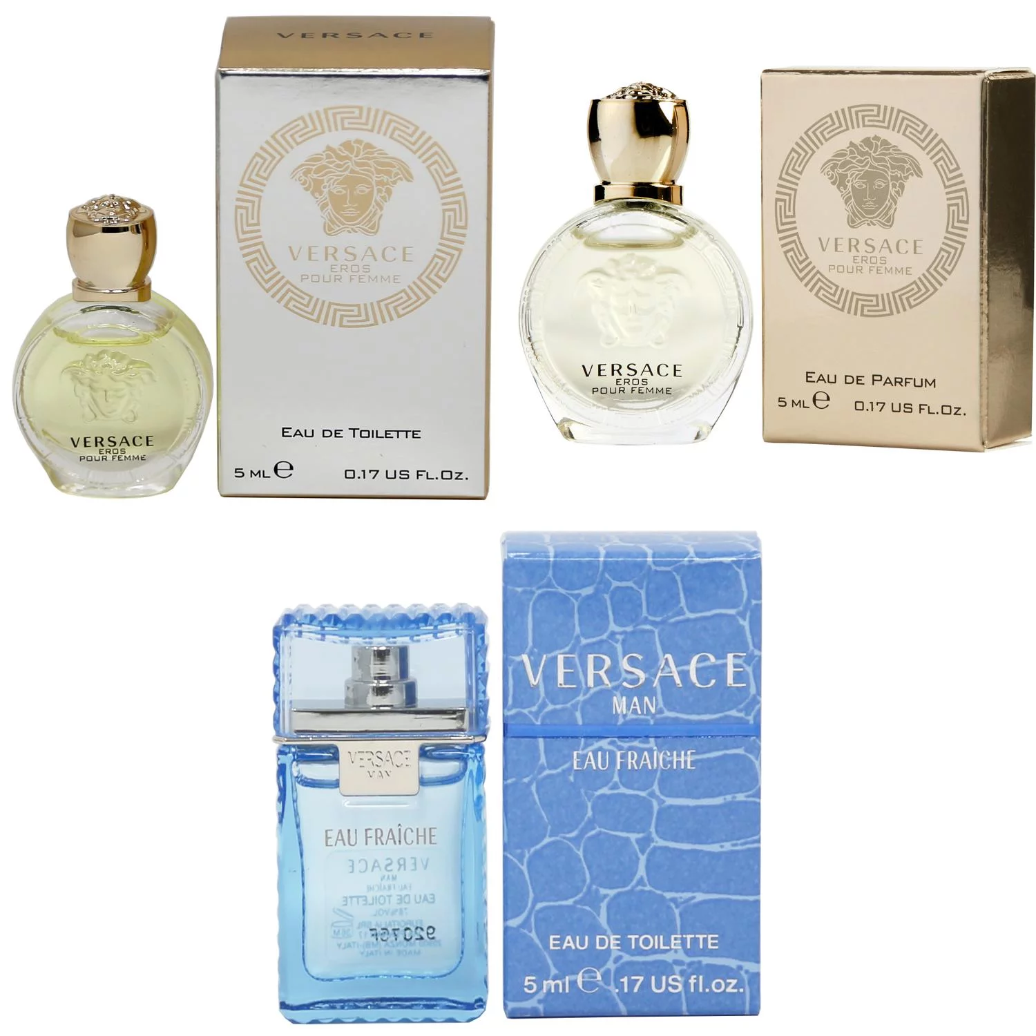 Versace Eros Women EDT, Eros Women EDP, Man Eau Fraiche EDT - 5ml 3PK Kit