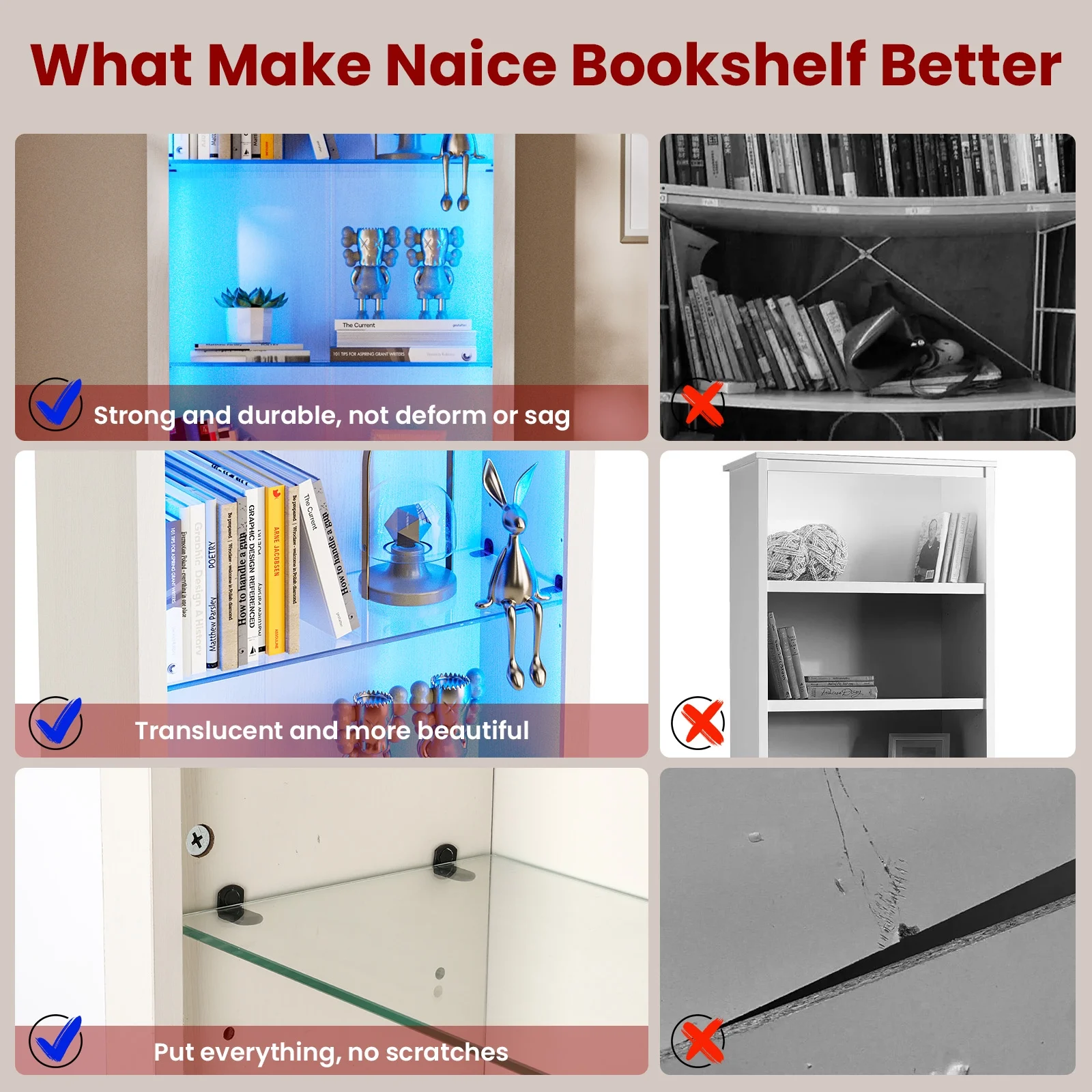 Relefree 5 Tier Bookcase with LED Light Strip, 70