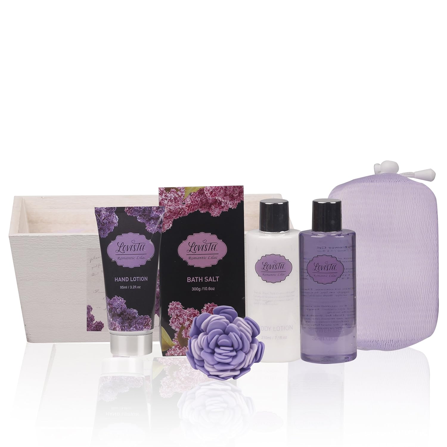 Spa Gift Basket with Lavender Fragrance and Lilac Color - Bath and Body Set Includes Shower Gel, Body Lotion, Hand Lotion, Bath Salt, Flower Sponge and EVA Sponge