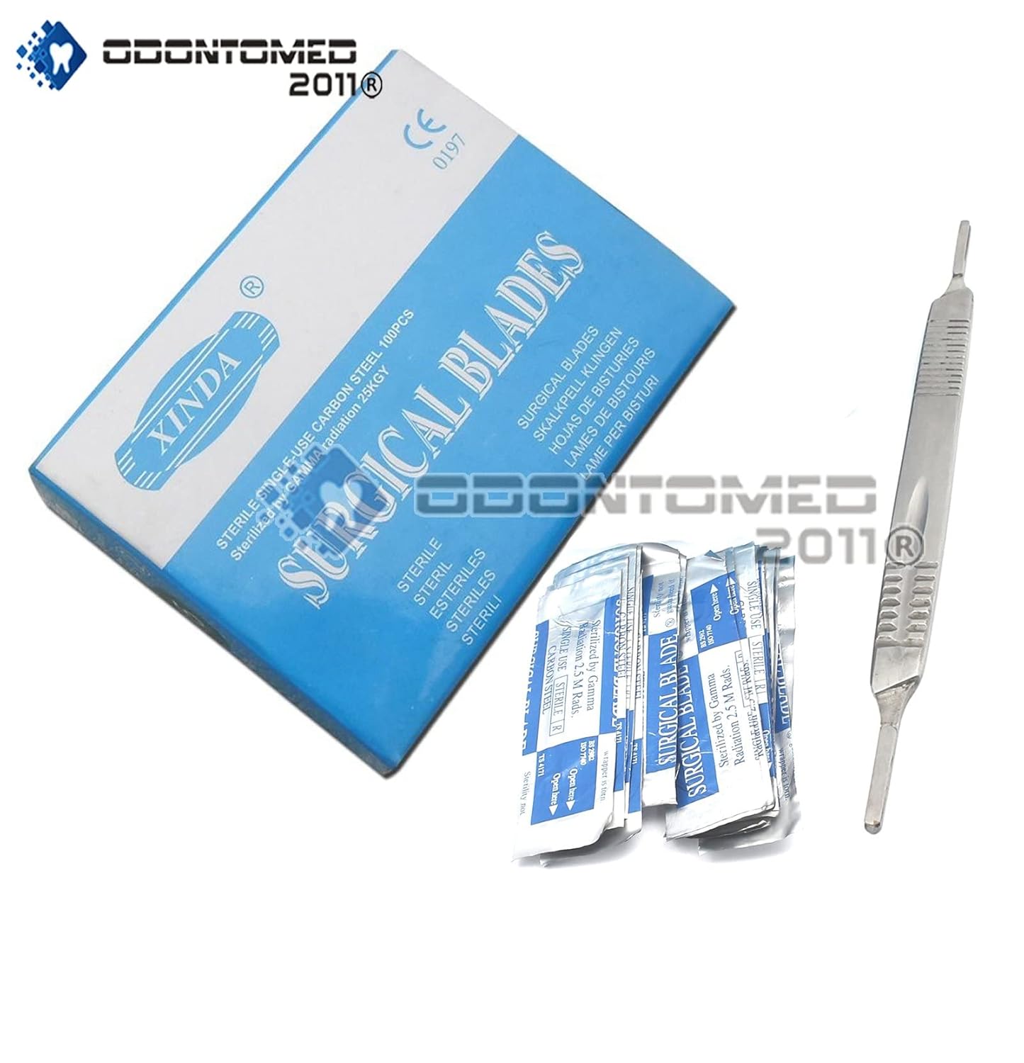 OdontoMed2011 1 Scalpel Knife Handle # 3 & 4 with 100 Pieces Carbon Steel Scalpel Blade STERILE #10#15#20#21 ODM