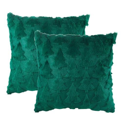 Christmas Throw Pillow Covers 18 x 18 Set of 2, Plush Green Christmas Tree Pillow Cases for Sofa Couch Bed Holiday Decor