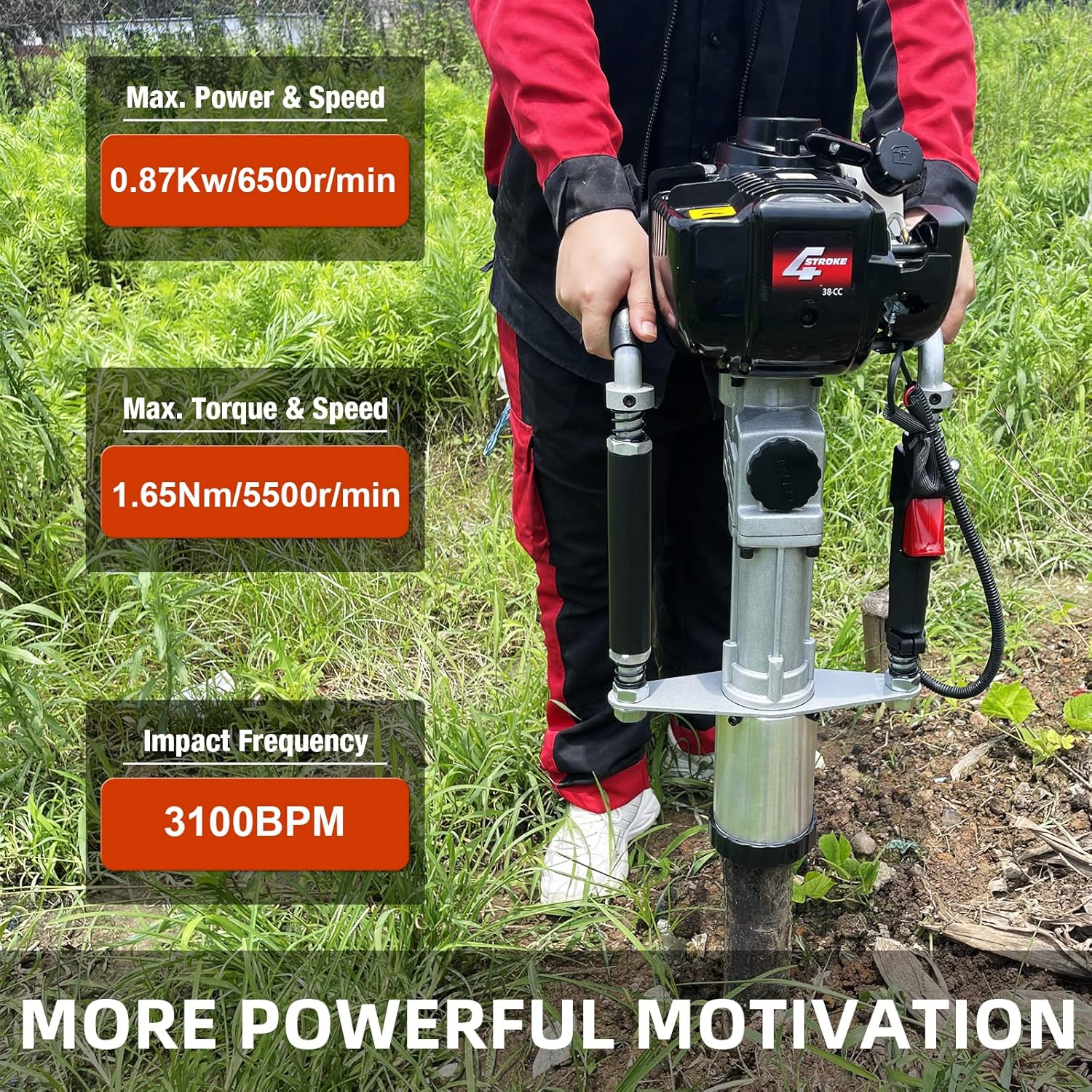 Gas Powered 4-Stroke T Post Driver Hammer Drills, 37.7CC Gasoline Engine Pile Driver, Air Cooling Single Cylinder Gasoline Petrol Garden Fencing Tool Machine with 2 Post Driving Head