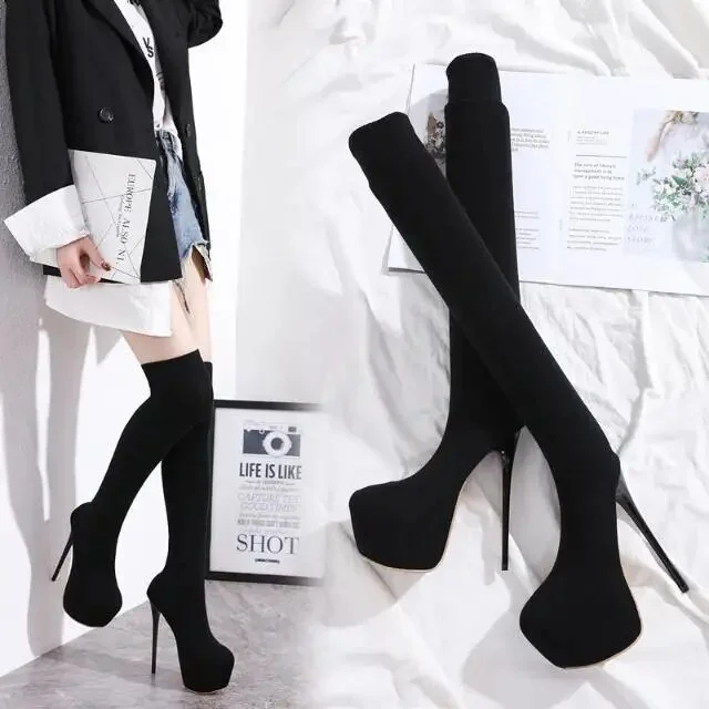 Spring 2024 New cotton socks tube hundreds of high 16cm hate sky high heel thin over knee-length women's boots black 36