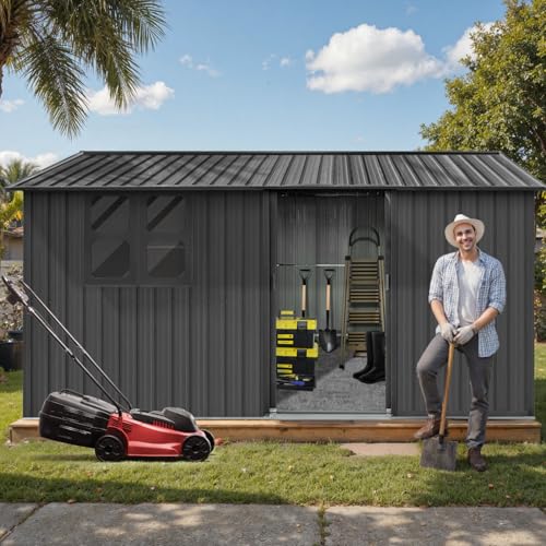 10' x 8' Large Outdoor Storage Shed, Sturdy Metal Building w/Windows & Lockable Doors for Garden, Backyard, Poolside and Lawn, Grey