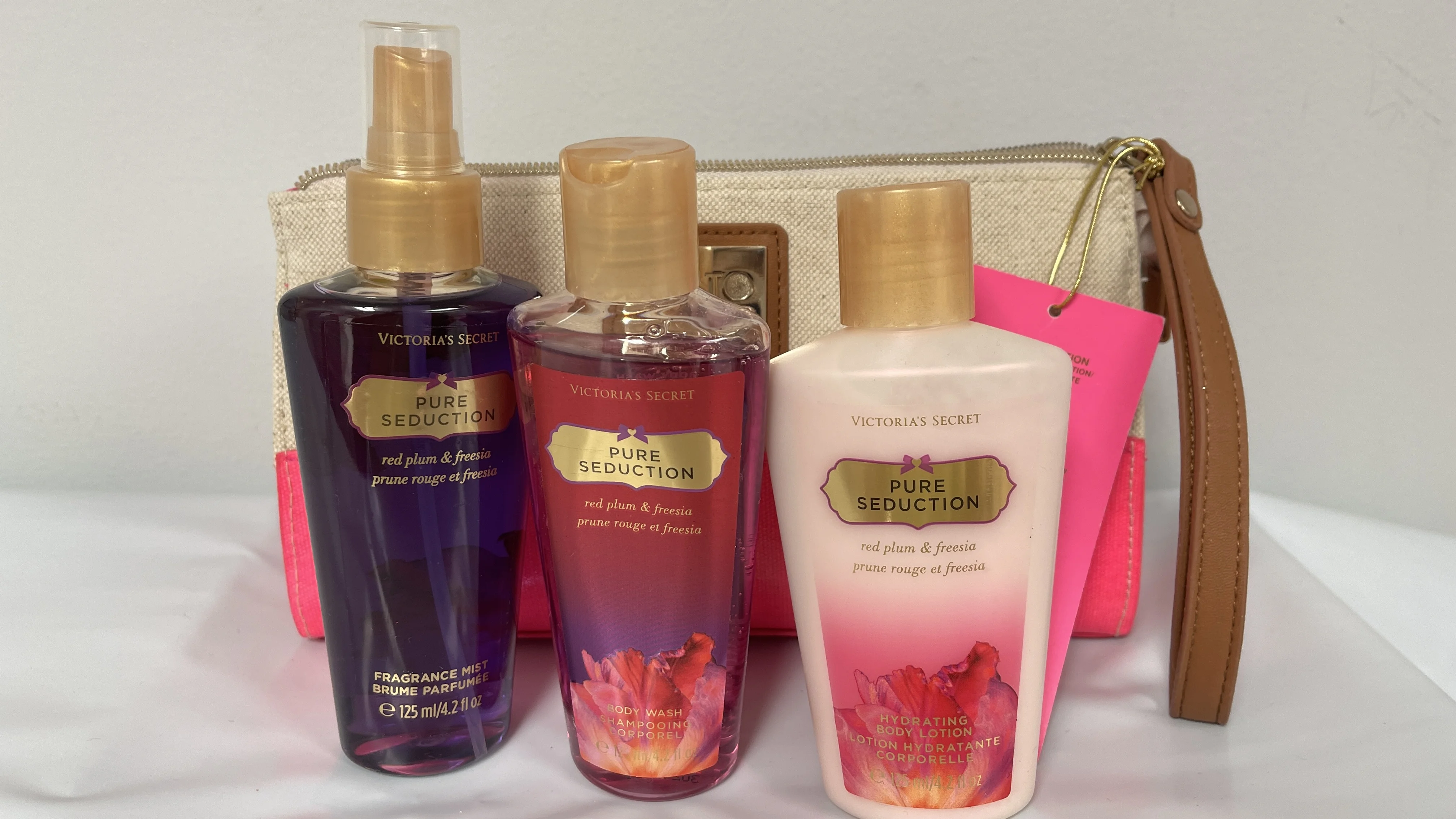 Victoria's Secret Pure Seduction Bag Clutch Set With Fragrance Mist 4.2 fl oz,  Hydrating Body Lotion 4.2 fl oz, Body Wash 4.2 fl oz