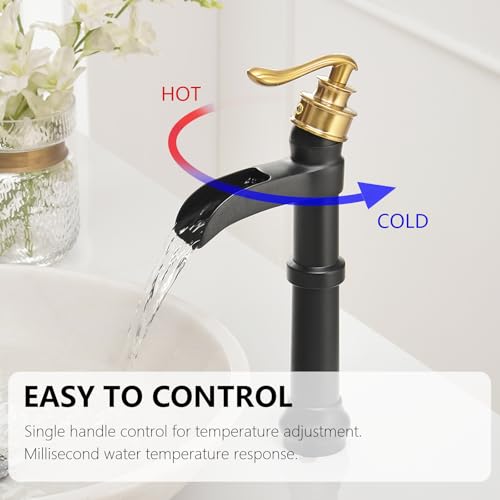 Vessel Sink Faucet, Oil Rubbed Bronze Black Bathroom Faucet, Farmhouse Waterfall Sink Faucet Single Hole with Pop Up Drain Assembly Without Overflow One Hole Mixer Tap Deck Mount