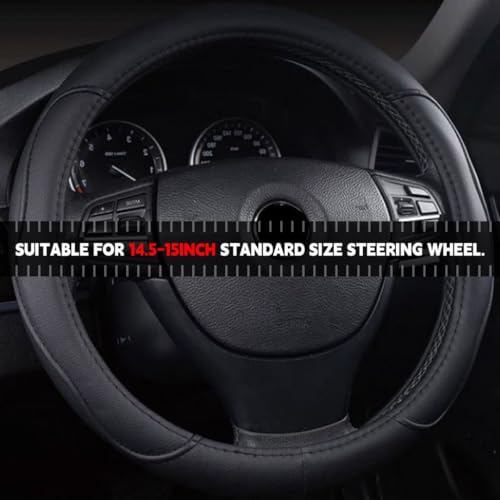 Bittwee Leather Car Steering Wheel Cover, Soft Breathable Anti-Slip Waterproof Automotive Steering Wheel Protector for Men Women, 14.5-15 Inch Universal for Most Vehicles Trucks SUVs RVs