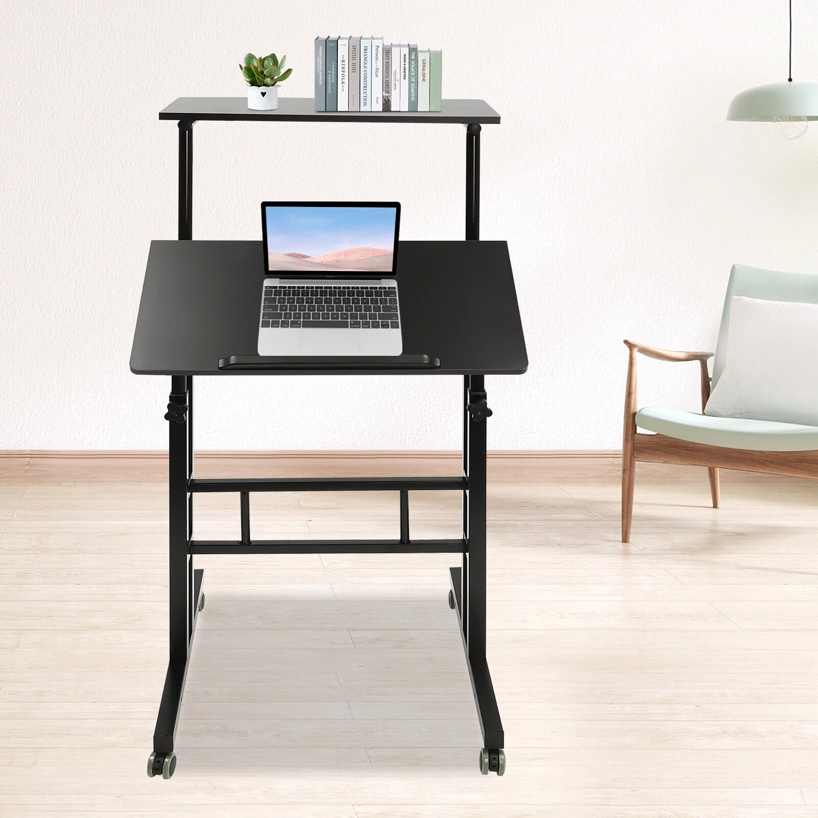 Mobile Laptop Desk Adjustable Height Computer Table Stand Up Office Workstation,Rectangular Studying Desk