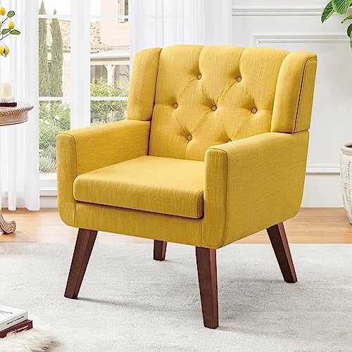 Accent Chair Button-Tufted Upholstered Living Room Chairs Comfy Reading Chair Mid Century Modern Chair with Linen Fabric Lounge Arm Chairs for Living Room Bedroom (Beige Set of 2)