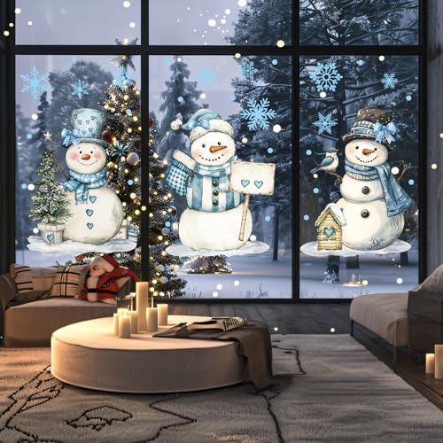 Whaline 13.8 x 35.4'' Extra Large Christmas Window Clings 3 Sheets Blue Snowman Snowflake Window Stickers Double Sided Glass Decals for Winter Xmas Home Classroom Office Party Decoration